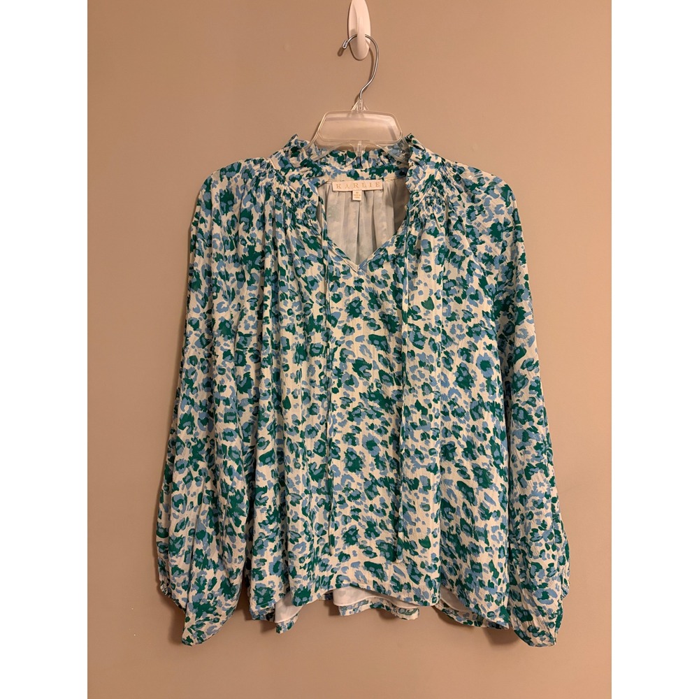 Karlie Blouse Women Medium Blue Teal Leopard Ruffle Neck Balloon Sleeve Boho